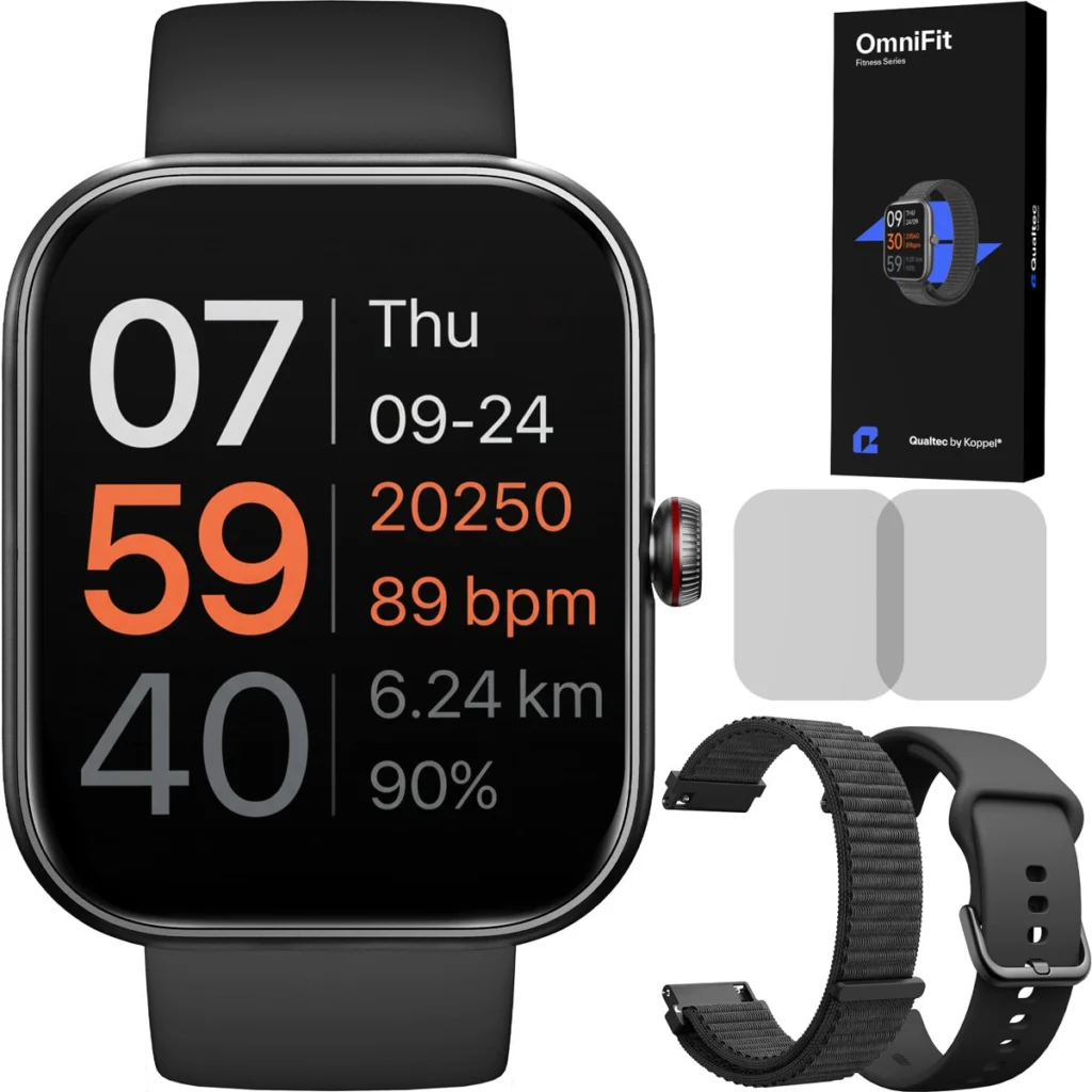 Ceas smartwatch, Qualtec by Koppel®, inteligent, fitness, sport, rezistent apa, functie smart numarat pasi, unisex, notificari, ecran 1.91", wireless, apelare Bluetooth 5.3, microfon HD, monitorizare somn, limba romana, 2 bratari incluse, OmniFit, negru